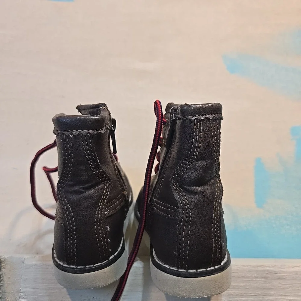 Baby Gap Kids 7 Brown Moc Toe Lace Up Boots Red Laces Side Zip Faux Leather Sole